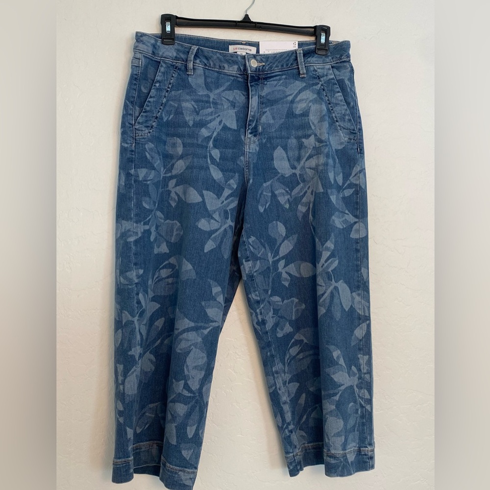 Liz Claiborne Crop Trousers Womens 14 Blue Denim Leaf Pattern Mid Rise Wide Leg